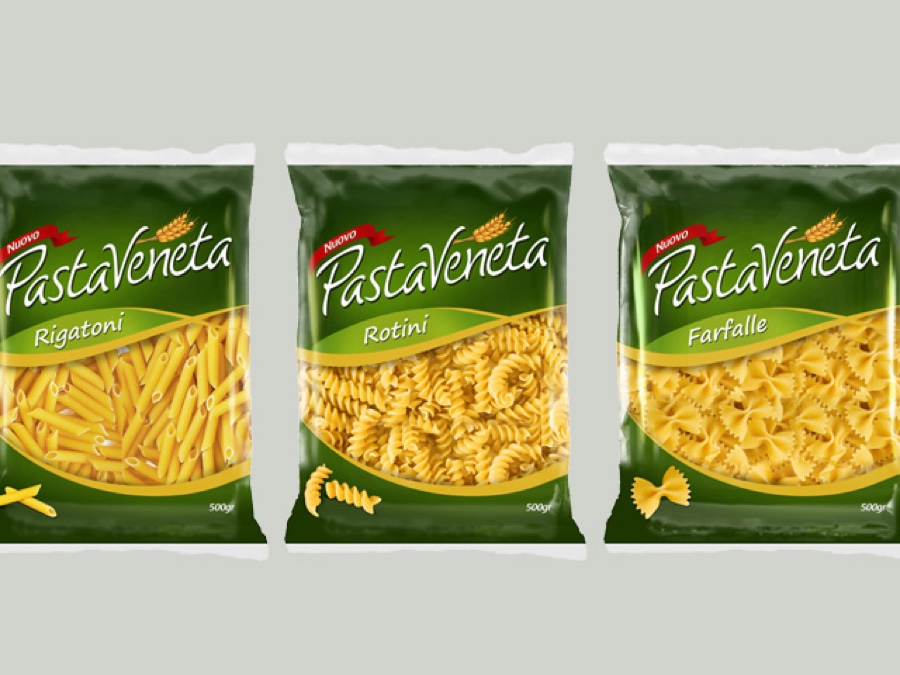 Emballages Pasta Veneta : spaghetti, rigatoni, rotini et farfalle