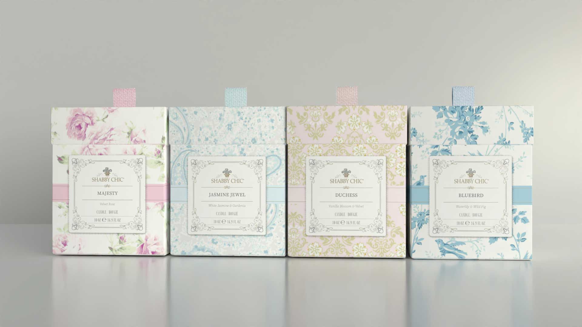 Collection de bougies Shabby Chic : Majesty, Jasmine Jewel, Duchess et Bluebird dans des boîtes à motifs et ruban de soie