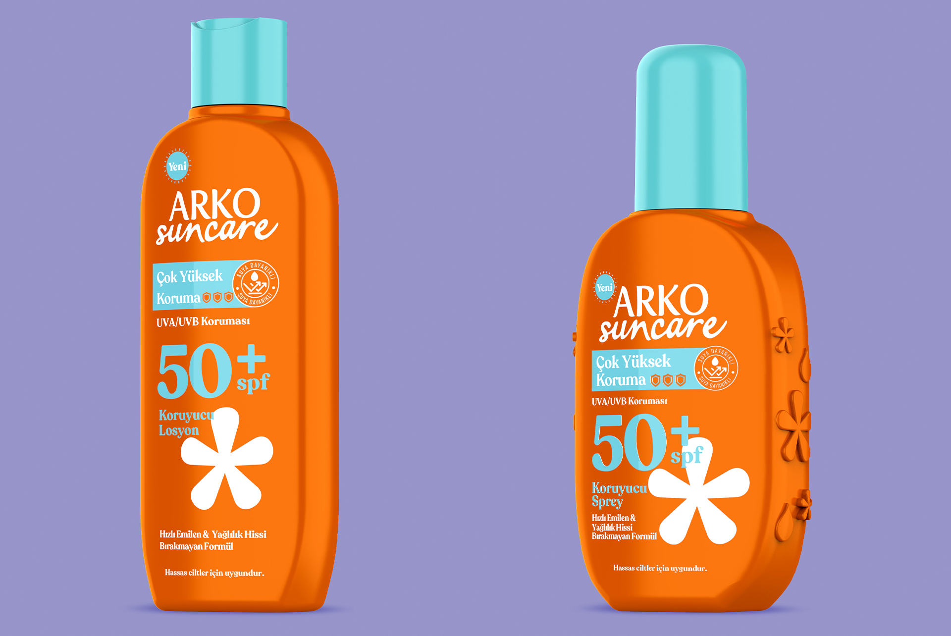 Arko Suncare bottles on a purple ground