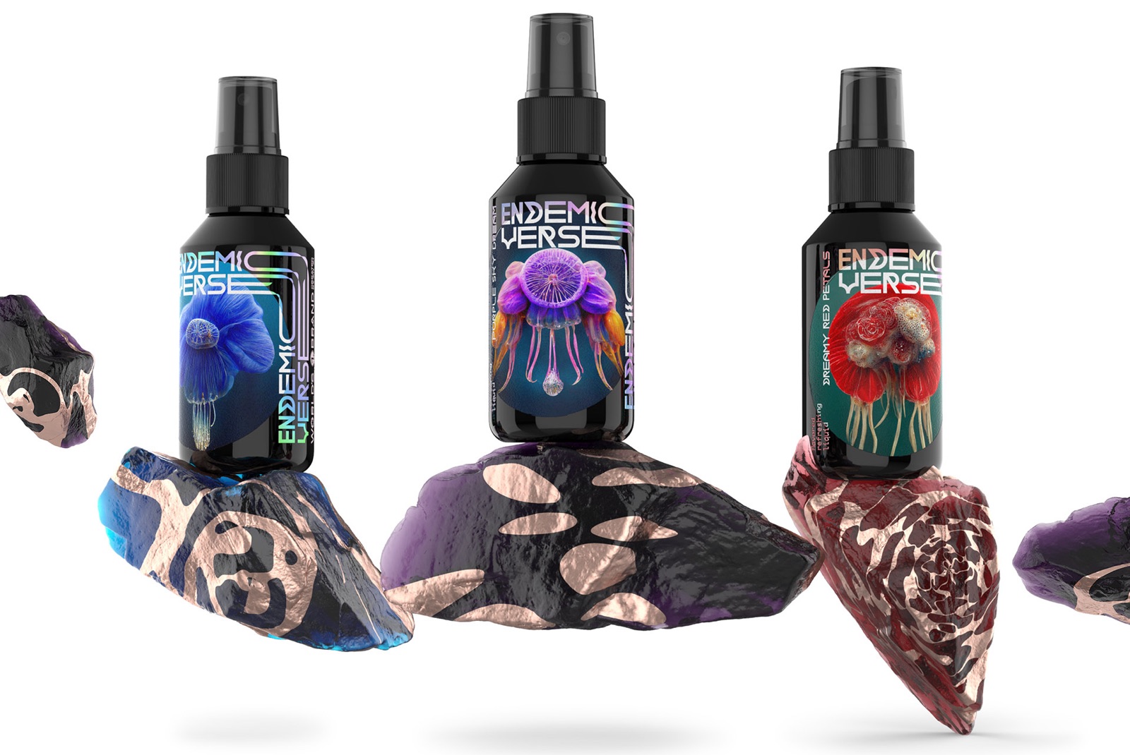 Trio de parfums Endemic Verse au lettrage holographique