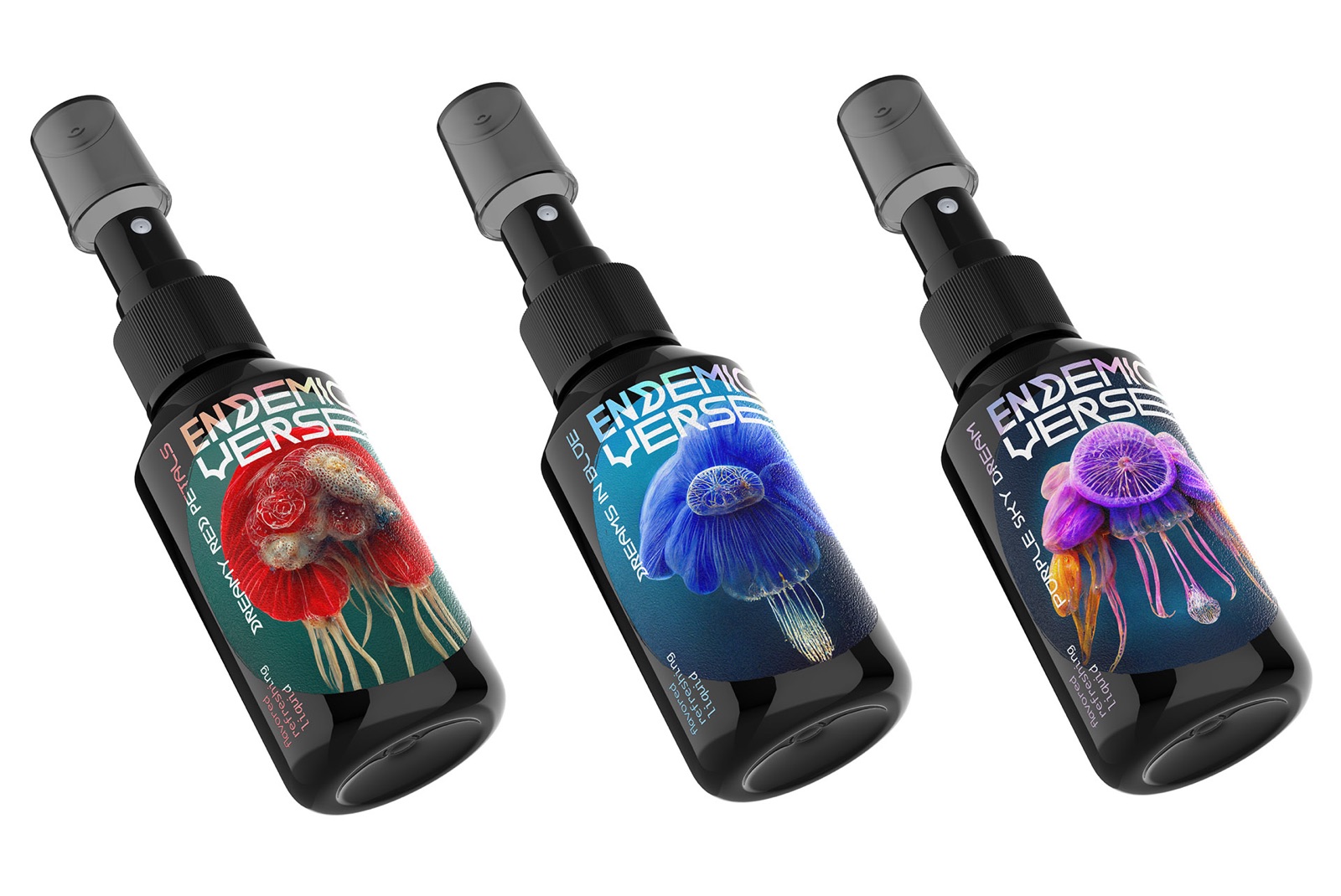 Endemic Verse bottles, holographic wordmark detail