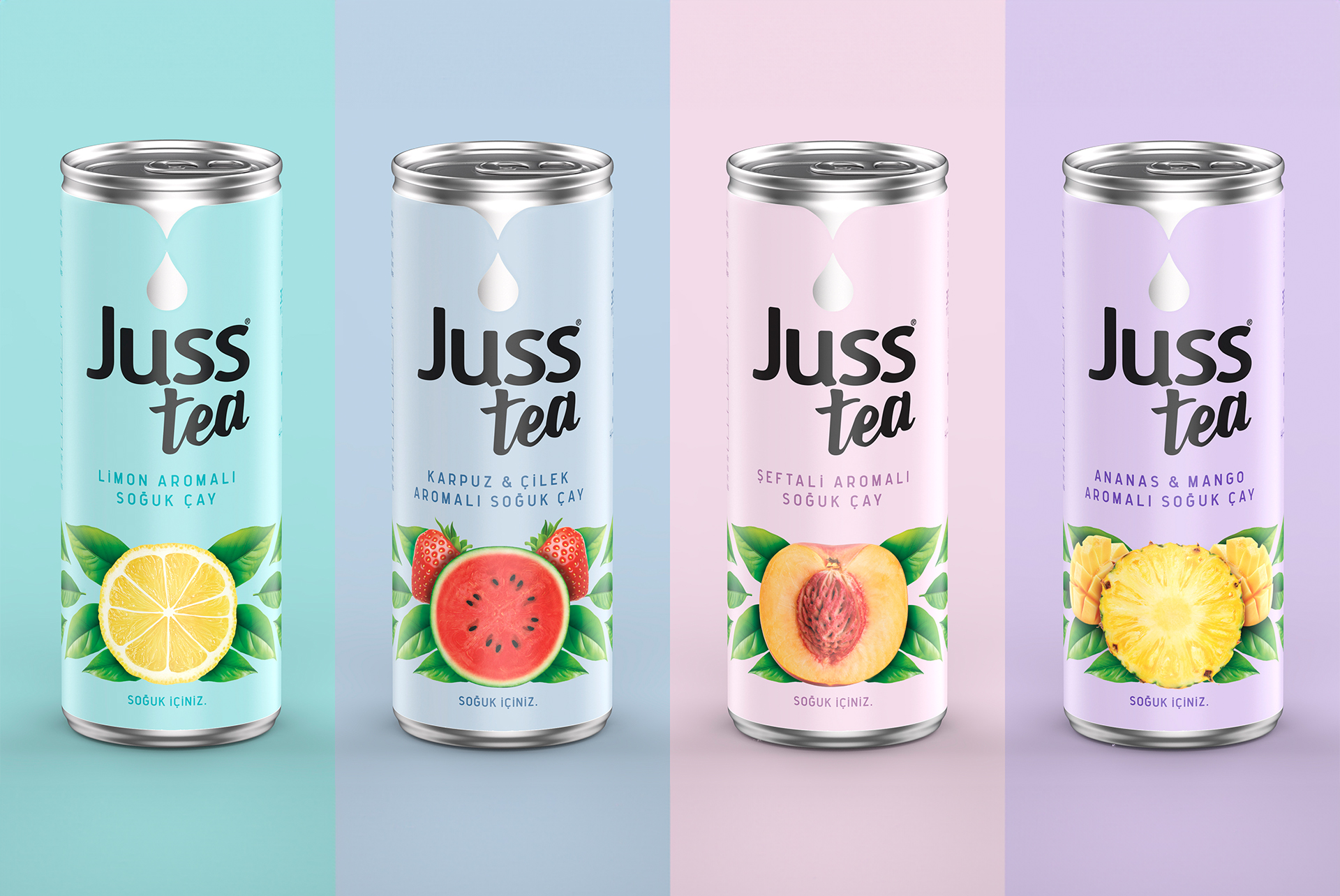 Gamme de thés glacés Juss Tea sur fond pastel